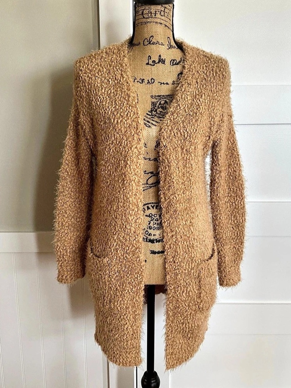 Love Tree Women's Size S Long Open Front Cardigan Camel Caramel Brown Boucle